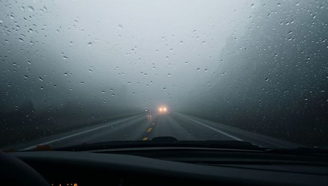 Driving through dense fog with raindrops on windshield and oncoming headlights