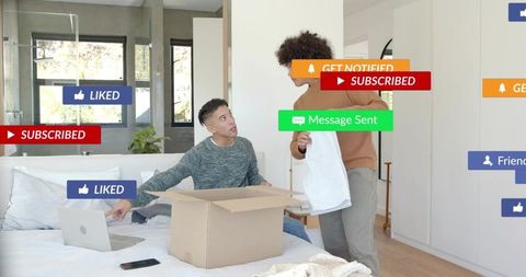 Couple unpacking in modern bedroom with social media notification overlays