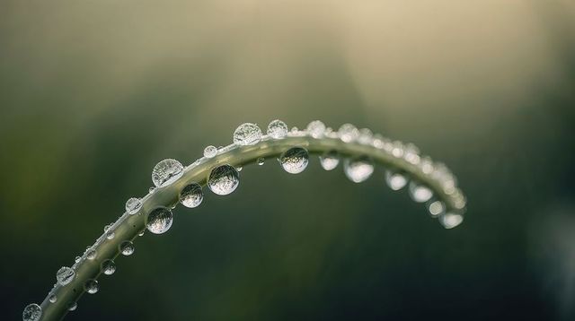 Curving grass blade holding sparkling dewdrops with tiny reflections
