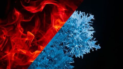 Diagonal Split Between Fiery Red Flames and Blue Ice Crystals for Contrast