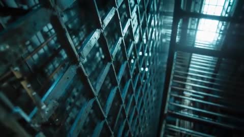 Surreal Interior of Industrial Cell Illuminated by Teal Light