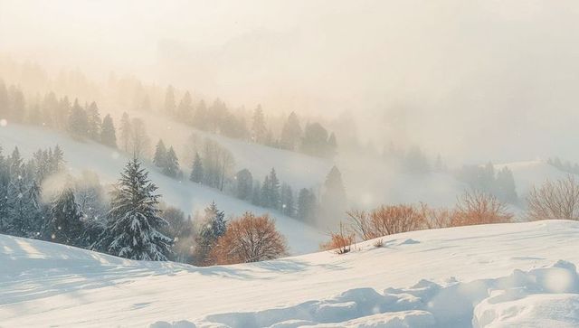 Sunlit alpine valley glowing with snow-covered evergreens, rolling hills and winter mist