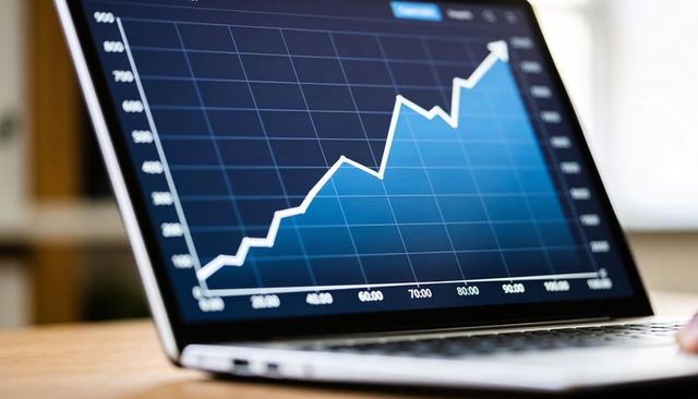 Laptop displaying rising line chart representing business growth and financial analytics