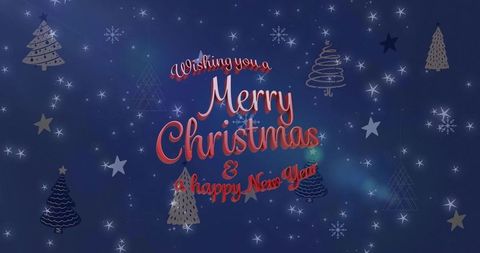 Red script merry christmas & happy new year on deep blue starry night