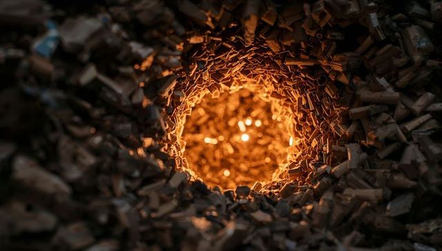 Glowing amber vortex in wood chips with ember core macro sawdust tunnel