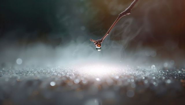 Tiny water droplet on twig creates mystical glow