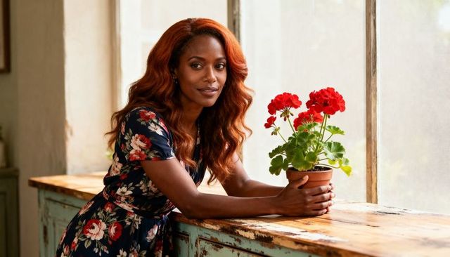 Woman leaning on rustic counter holding red geranium in terracotta pot, sunlit interior