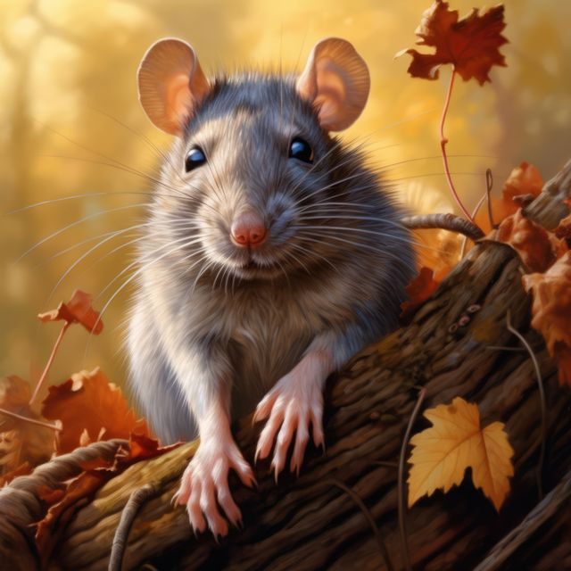 Rat peeking over a log in an autumn forest with colorful fall leaves scattered around. Useful for nature and wildlife publications, children's books, educational material, or autumn-themed designs.