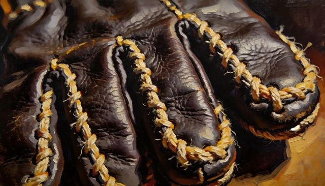 Vintage dark brown leather glove with hand-braided lacing macro detail