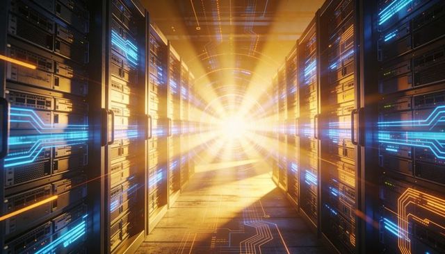 Futuristic data center aisle glowing toward radiant core with dynamic digital dataflow