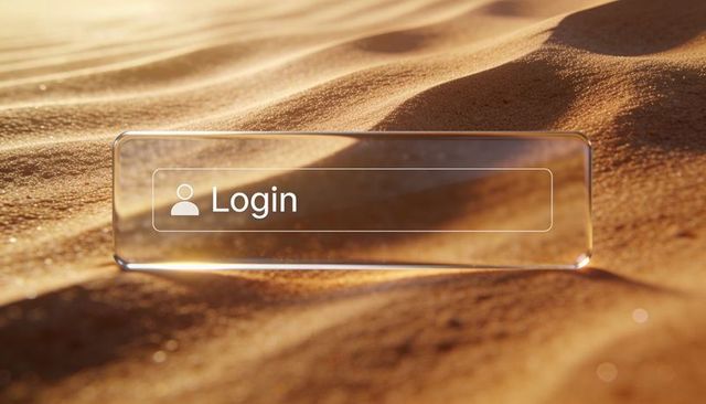 Transparent glass login interface floating over golden sand dunes with minimalist cyber ui