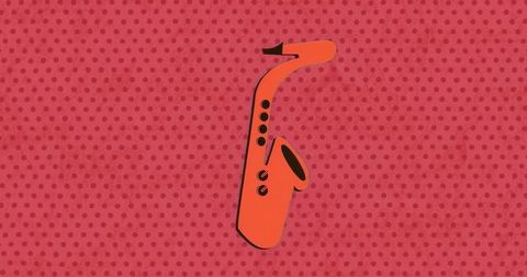 Vibrant Orange Saxophone Icon on Bold Red Polka Dot Backdrop