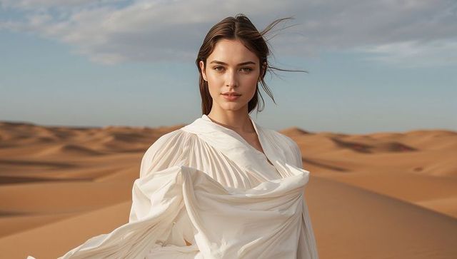 Elegant Model Posing in Sweeping Desert Landscape