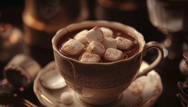 Hot chocolate with marshmallows in vintage porcelain cup