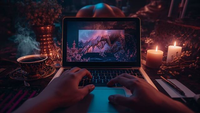 Creative workspace with laptop and candlelit ambiance