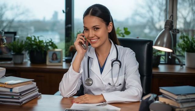 Female Doctor Smiling in Office During Phone Consultation