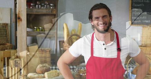 Smiling baker showcasing artisan bread and rustic bakery with sales chart overlay