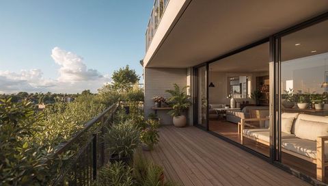 Sunlit Terrace Balcony with Wooden Decking, Lush Plants and Cozy Indoor-Outdoor Living Space