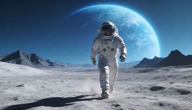 Walking astronaut traversing moon regolith with blue planet rising on distant horizon