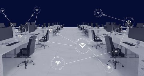 Spacious office adorned with desks and computers interconnected through digital network nodes to illustrate modern communication and connectivity trends in a professional environment. This visualization represents contemporary business processes aided by efficient internet networking. Ideal for presentations on digital transformation, workplace innovation, or corporate technology integration.
