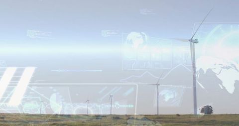 Large wind turbine dominating prairie, tracking distant turbines with augmented reality data overlay