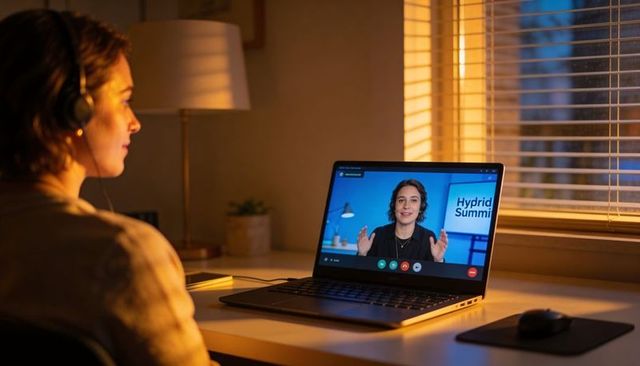 Woman attending hybrid summit from home desk wearing headset joining evening video conference