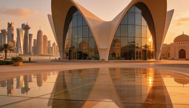Modern waterfront cultural center with sweeping arches reflecting golden sunset and skyline