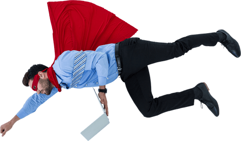 Caucasian businessman flying with red cape on transparent background