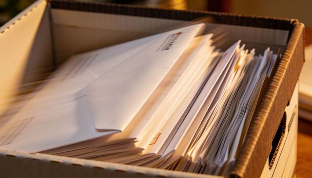 Archive box holding stacked white envelopes basking in warm light for filing and mail