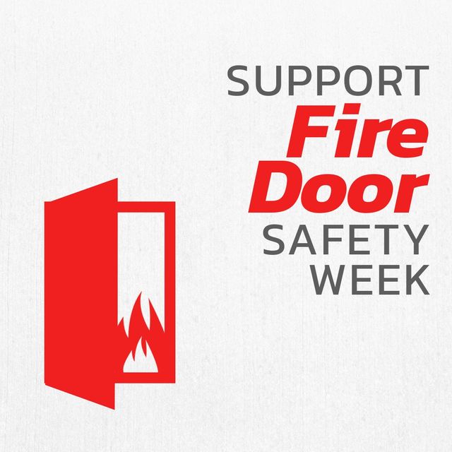 Illustration of fire burning at door and support fire door safety week text on white background. copy space, vector, danger, fire door, awareness, protection and campaign concept.