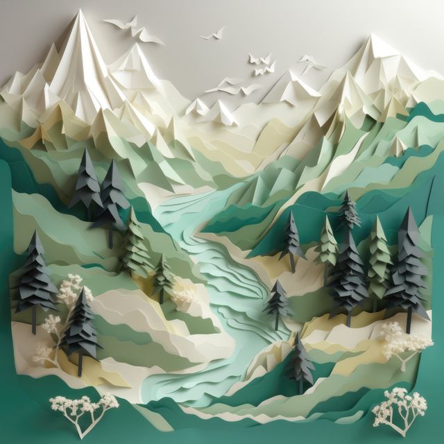 Origami landscape with trees, birds and mountains, created using generative ai technology. Orgiami art, scenery, nature and pattern concept digitally generated image.