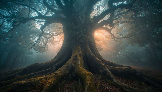 Mystical Ancient Tree in Misty, Sunlit Forest