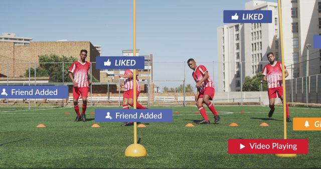 Soccer Team Practicing at Outdoor Field with Social Media Icons Overlay - Download Free Stock Images Pikwizard.com