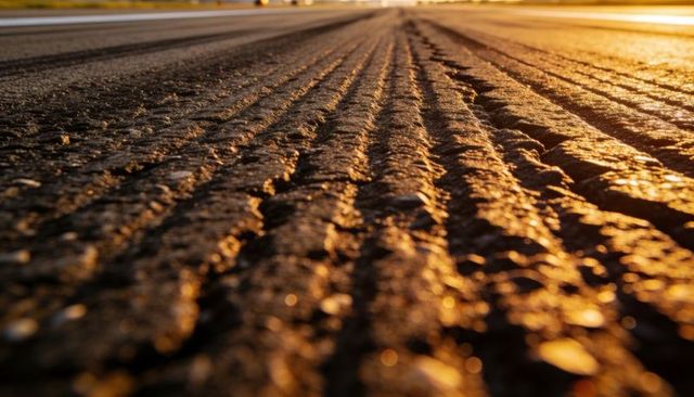 Sunlit grooved runway tarmac close-up showing textured asphalt ridges and leading lines