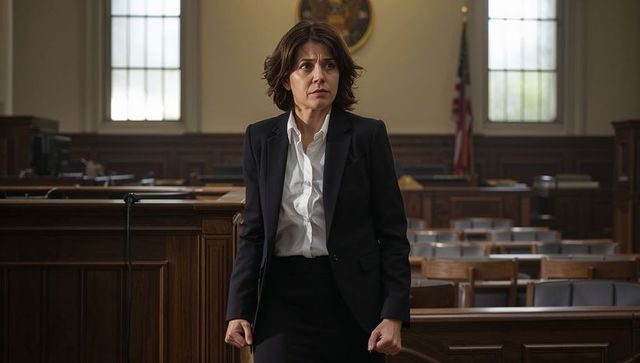 Female attorney standing confidently in courtroom preparing for trial legal leadership and advocacy
