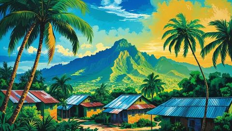 Sunlit haiti mountain and quaint tropical village serenity