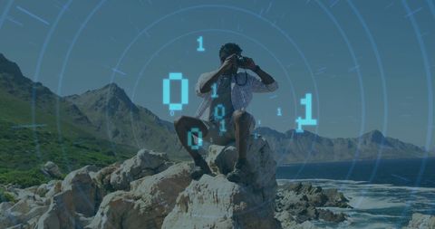 Tech Vision Overlooks Natural Coastline with Digital Overlay