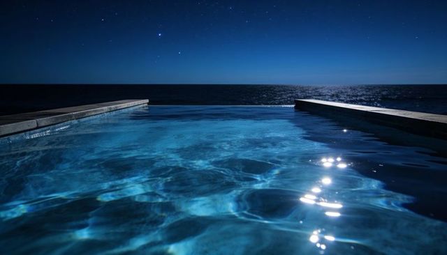 Moonlit infinity pool overlooking ocean under starry night with glowing blue water