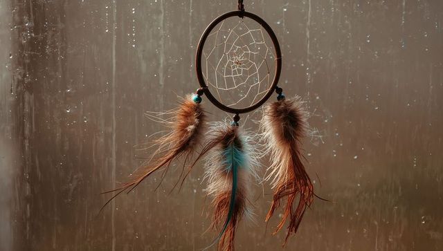 Dreamcatcher Before Rain-Soaked Window Inspiring Calm and Reflection