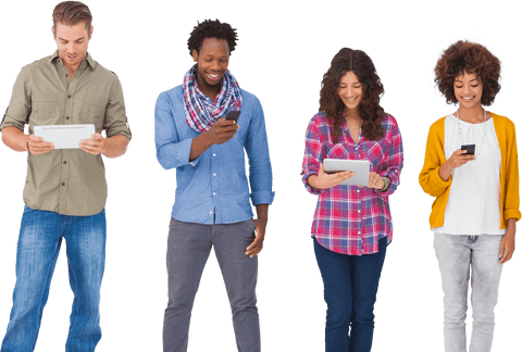 Transparent diverse people using technology devices standing smiling