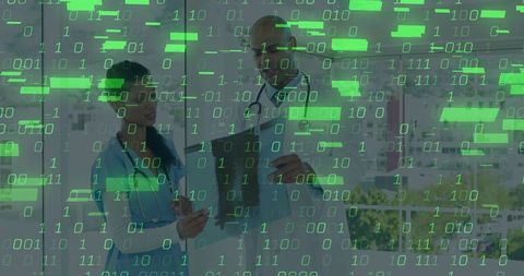 Medical team reviewing digital records under binary code overlay for healthcare data security and co