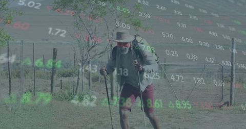 Financial Data Overlay on African American Hiker Outdoors
