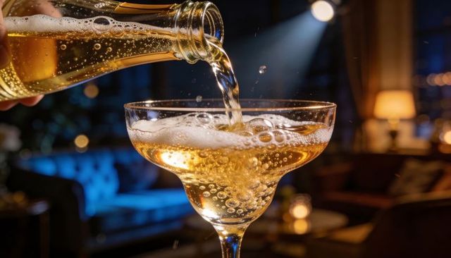 Golden champagne pour into coupe glass at upscale lounge with bubbly effervescence and glow