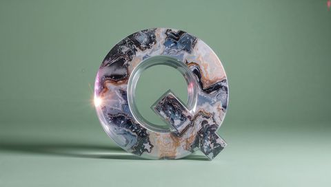 Elegant marbled 3d letter q on green background with light reflection