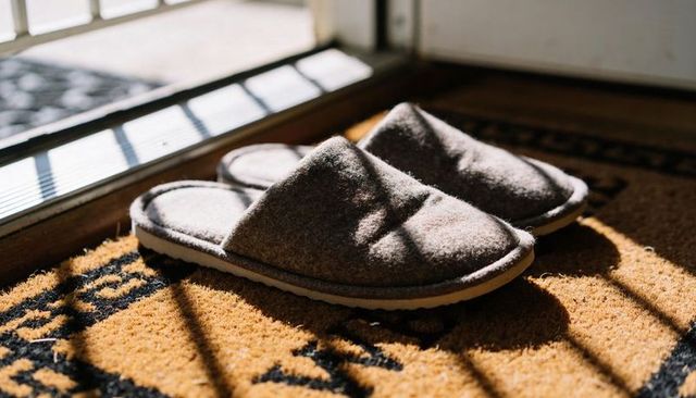 Sunlit gray felt slippers resting on coir doormat by glass door, warm home entry