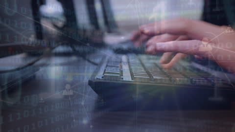 Cybersecurity Specialist Typing Amid Data Lines