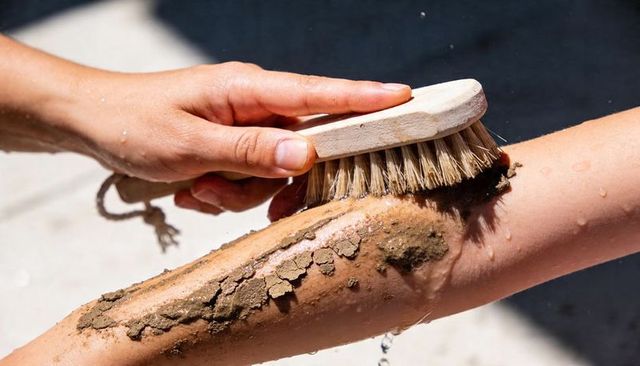 Scrubbing muddy forearm with wooden brush outdoors, sunlit cleaning and afterplay care