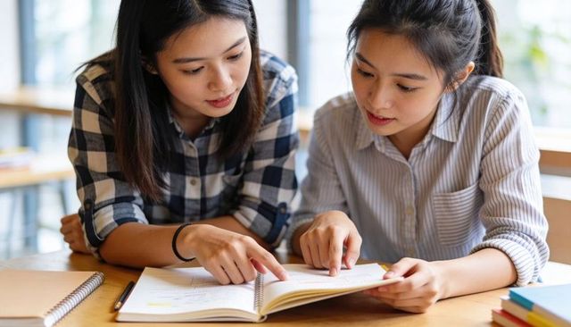 Asian students studying together, collaborating over spiral notebook in sunlit study area