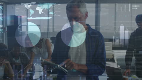 Businessman Analyzing Financial Data on Tablet in Futuristic Office