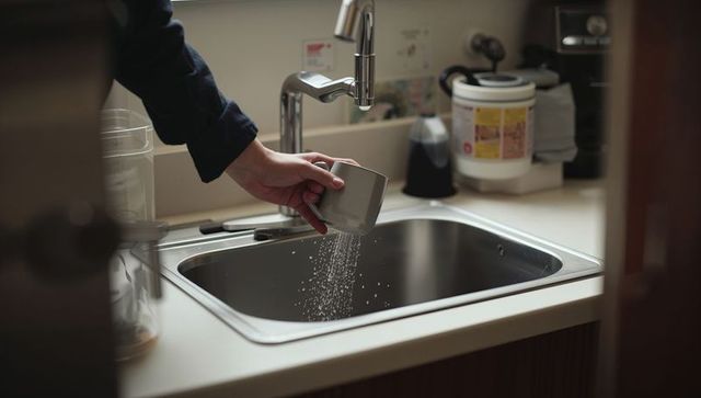 Hand pouring cup contents into stainless steel sink under chrome faucet, kitchen closeup